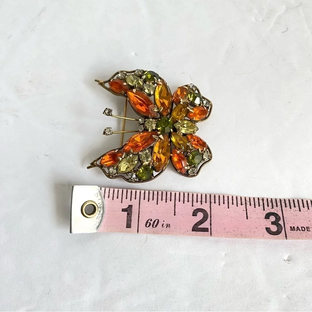 Vintage La Roco Butterfly Brooch Orange Green Rhinestone Pin Retro Estate Piece‎
